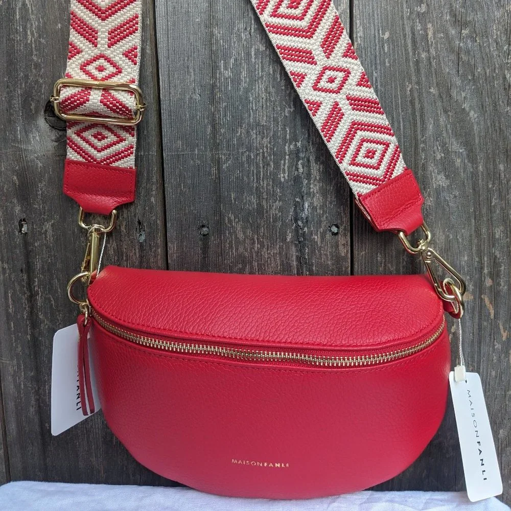 Italian Leather Fanny Pack with 2 Straps | Red Crossbody Waist Bag Real Leather - Picture 2 of 11